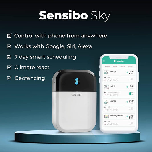 Sensibo Sky, Smart Wireless Air Conditioner Controller. Quick & Easy DIY Installation. Maintains Comfort with Energy Efficient. Automatic Wifi Thermostat Control App. Google, Alexa and Siri Compatible