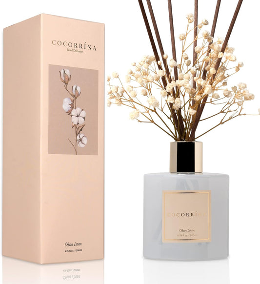 Cocorrína Reed Diffuser Set, 6.7 oz Clean Linen Scented Diffuser with Sticks