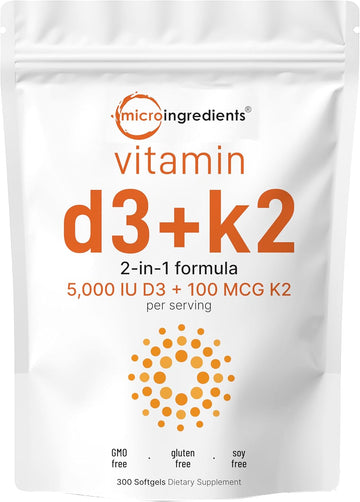 Micro Ingredients Vitamin D3 5000 IU with K2 100 mcg, 300 Soft-Gels | K2 MK-7 with D3 Vitamin Supplement, 2 in 1 Support Immune, Heart, Joint, Teeth & Bone Health - Easy to Swallow