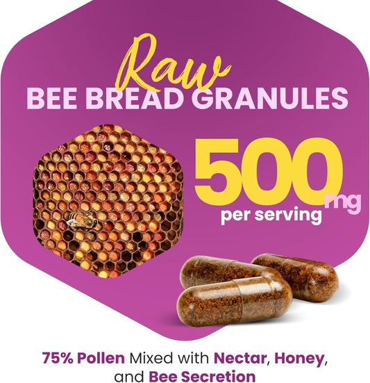 Bee Bread Supplement 100% Natural Raw Bee Bread in Veggie Caps Fermented Pollen Multivitamin, Probiotic Superfood, Vital Proteins, Amino Acids, Immune Support & Energy 60 Perga Capsules