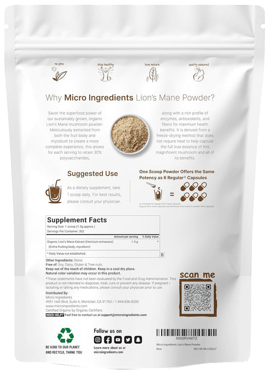 Organic Lions Mane Mushroom Supplement Powder, 16 Ounce | Nootropic for Mental Clarity Energy & Immune Support | Non-GMO Vegan